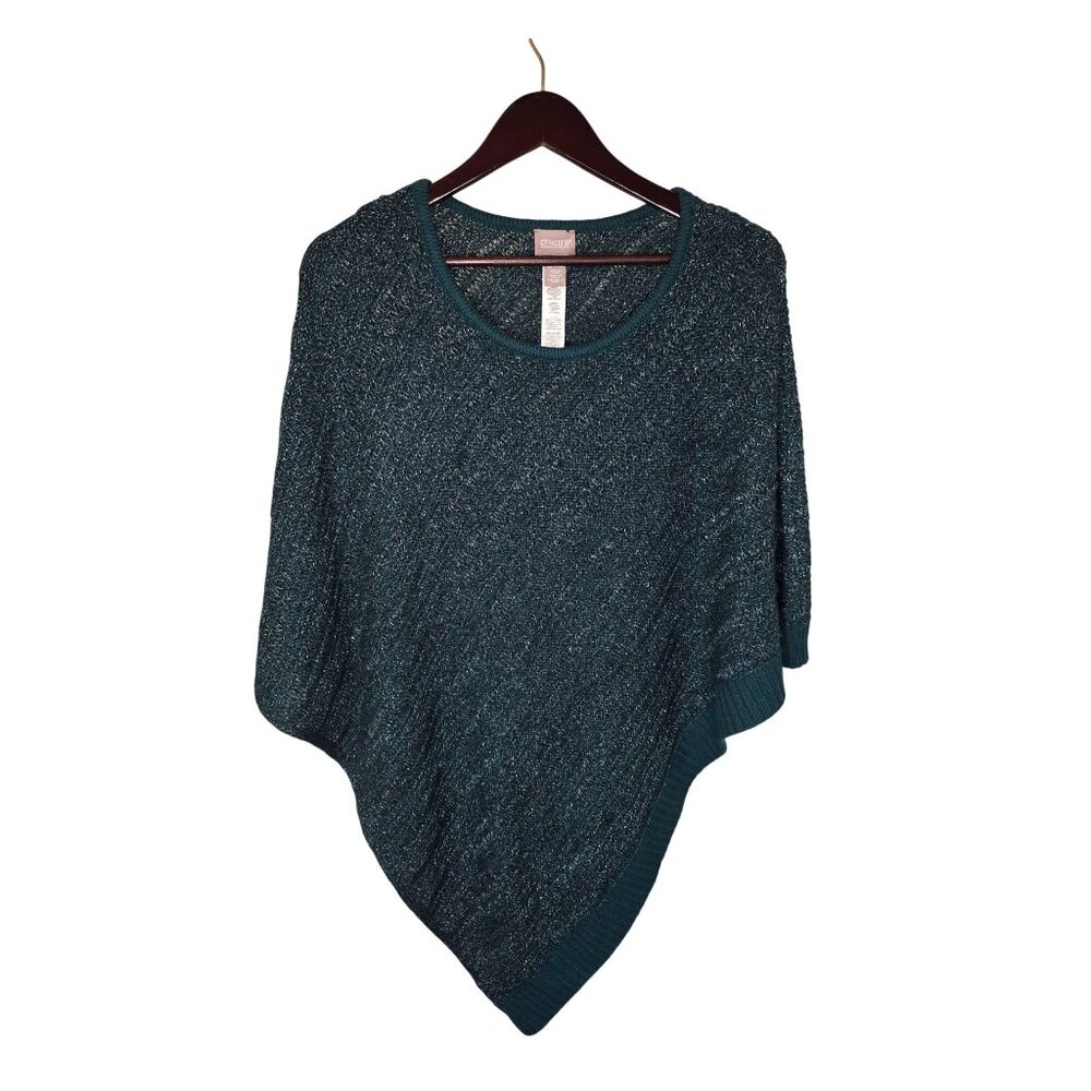 Chicos L/XL Asymmetrical Pullover Poncho With Ribbed Hemline & Metallic Thread